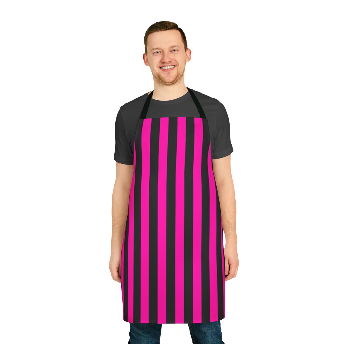 A vibrant hot pink and black striped apron for the kitchen