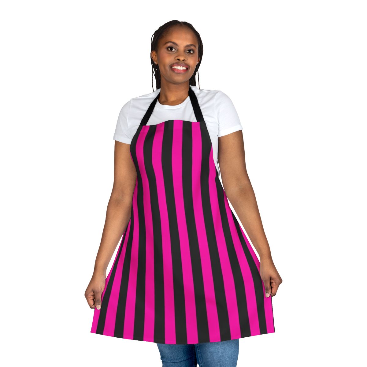 A vibrant hot pink and black striped apron for the kitchen