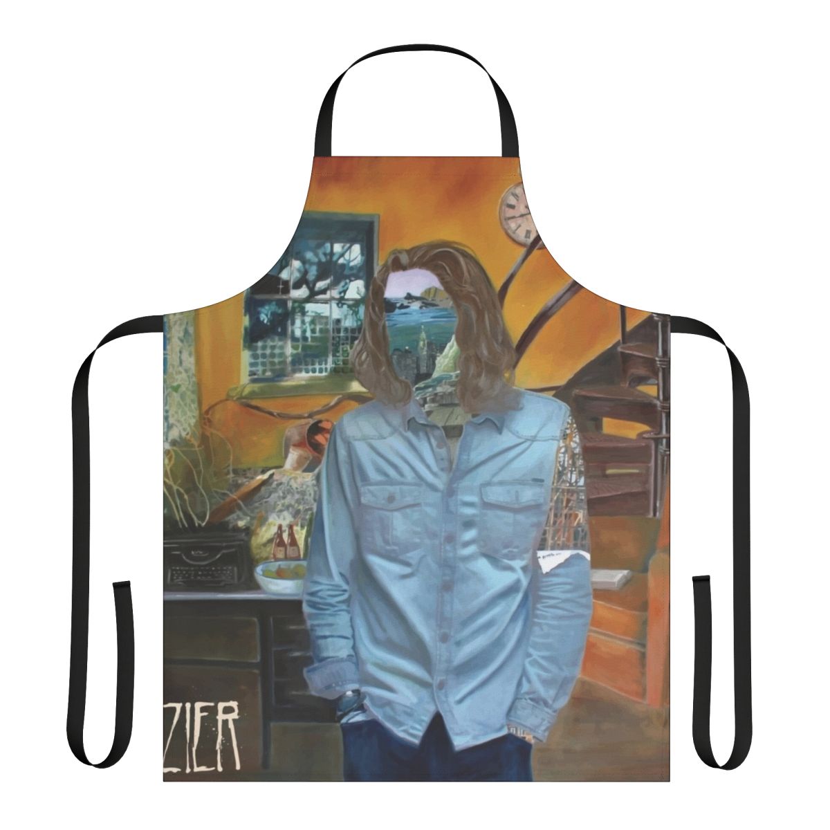 Stylish black apron with Hozier-inspired design, perfect for fans of the alternative music artist.