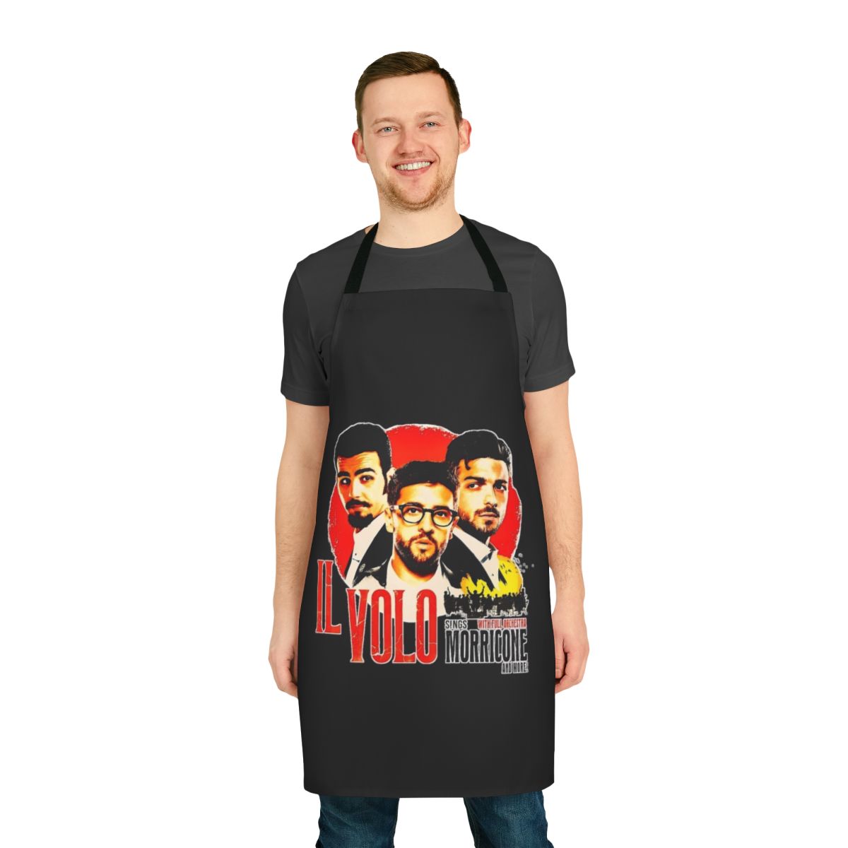 An apron featuring the Il Volo band logo and design