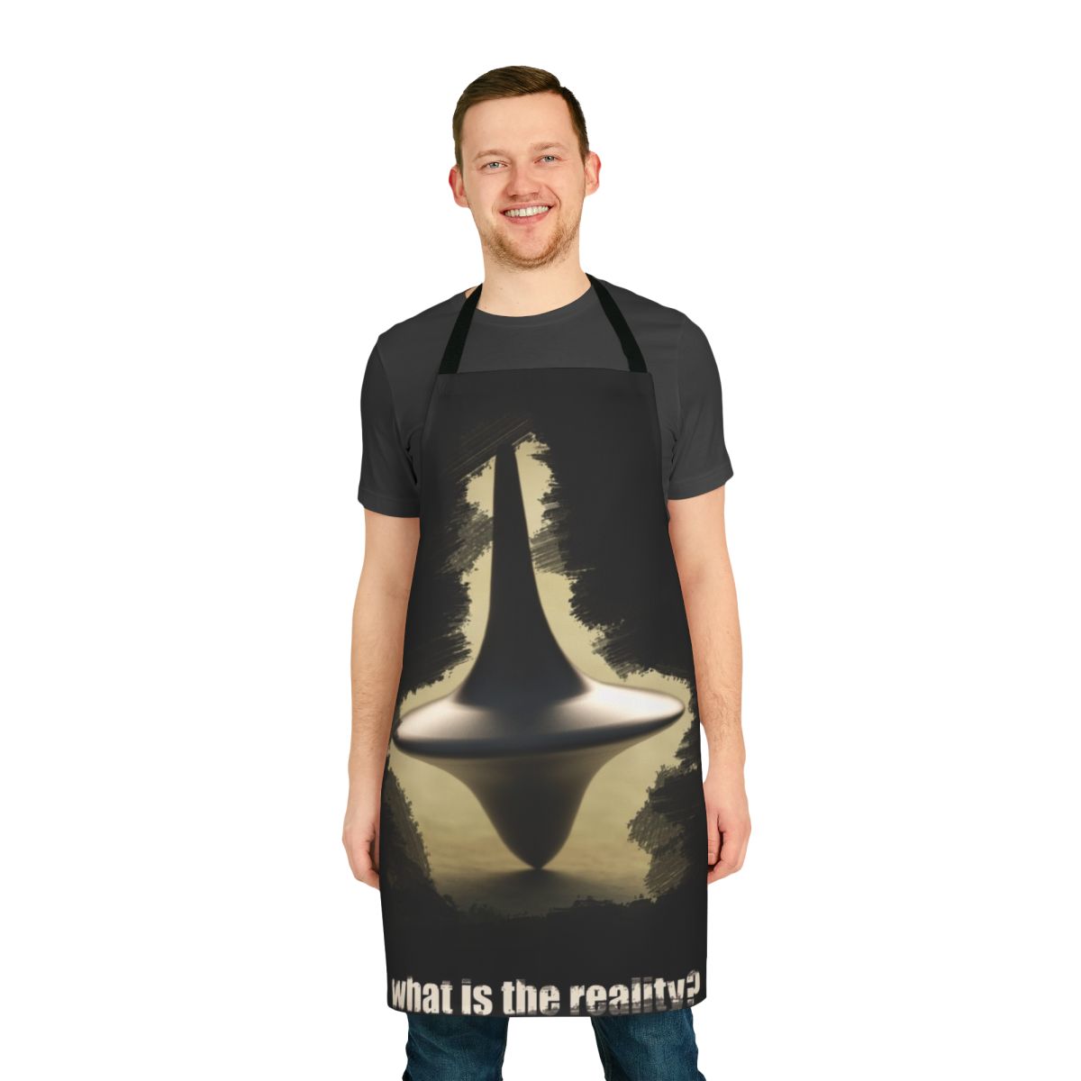 Inception-themed apron featuring a spinning top graphic, perfect for movie fans