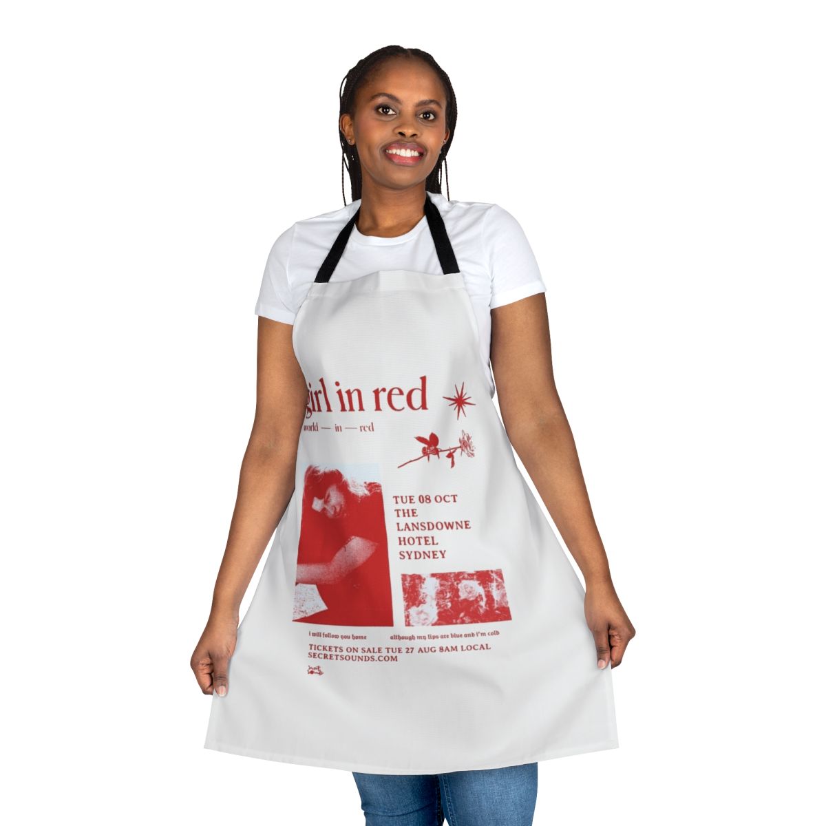 Apron featuring the iconic Girl In Red world in red aesthetic design