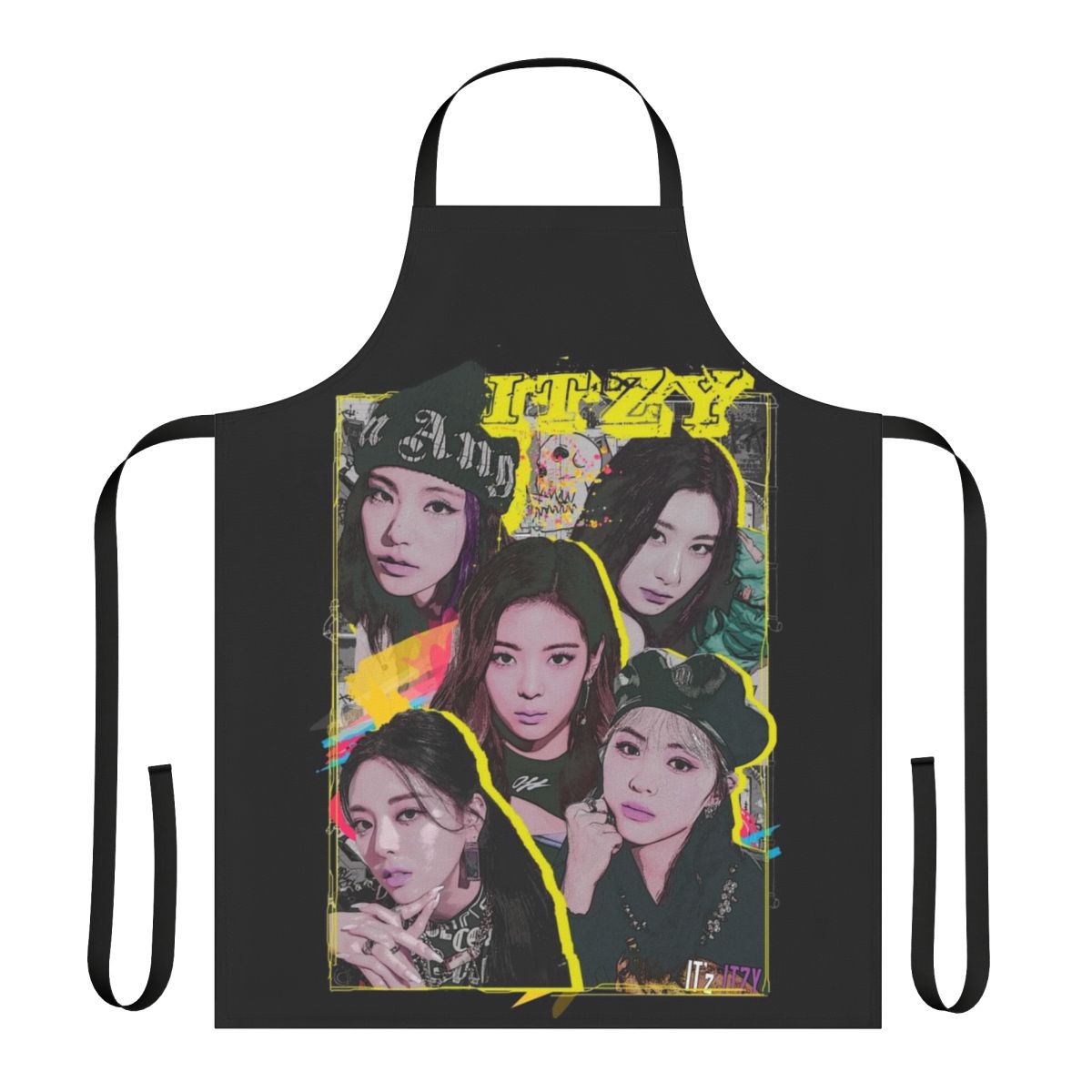 Colorful apron featuring Itzy-inspired graffiti design and logo