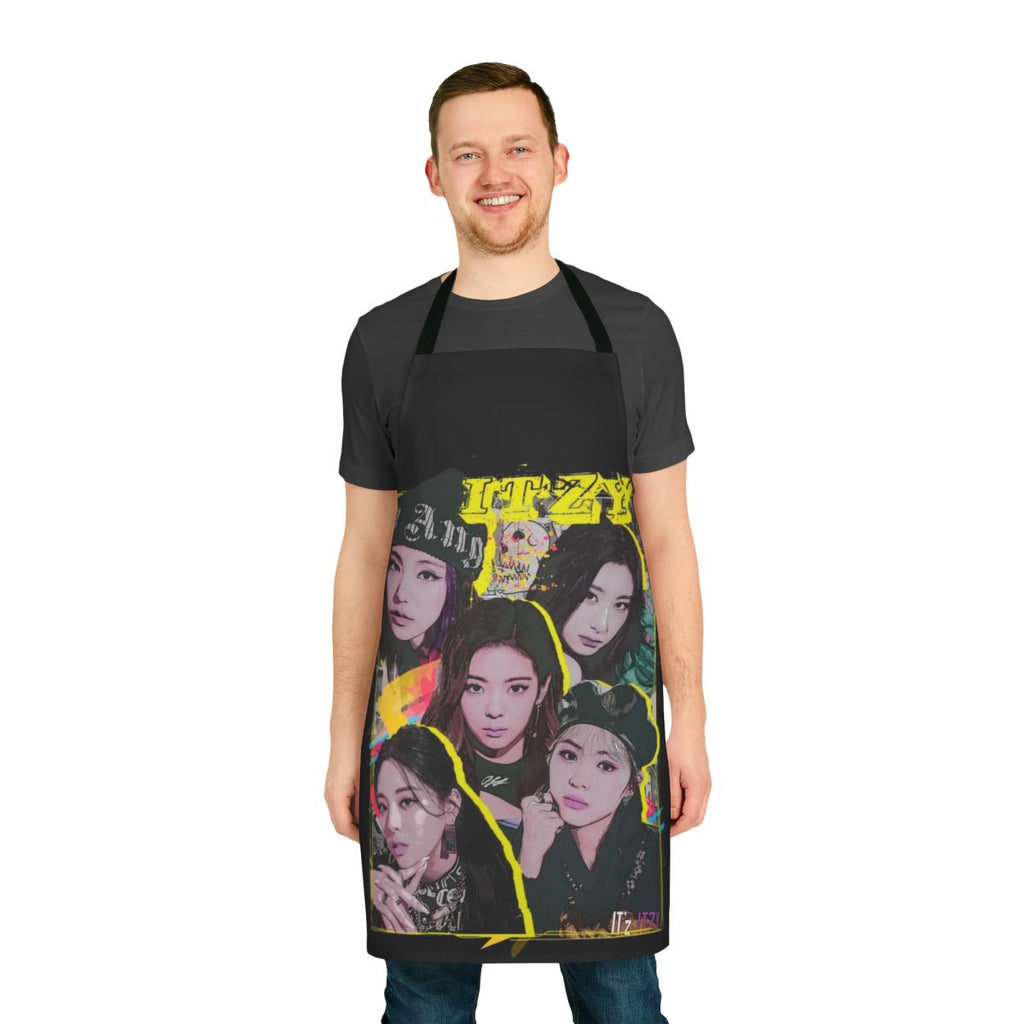 Colorful apron featuring Itzy-inspired graffiti design and logo