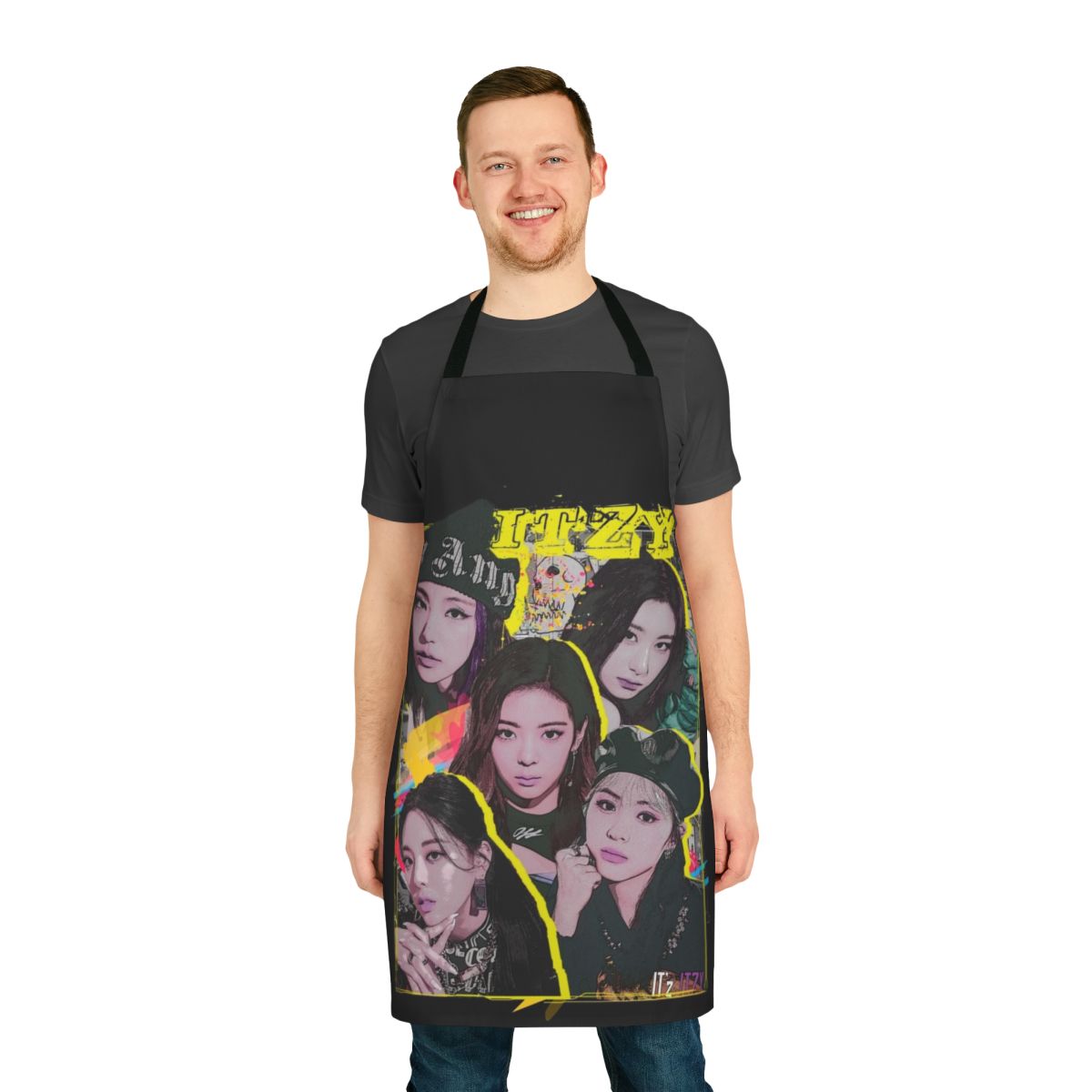 Colorful apron featuring Itzy-inspired graffiti design and logo