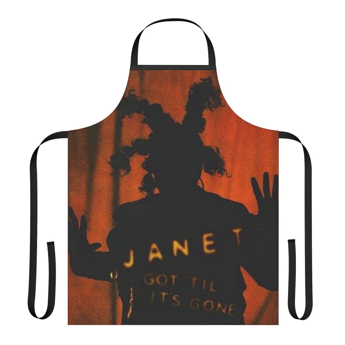 Stylish black apron with Janet Jackson-inspired silhouette graphic