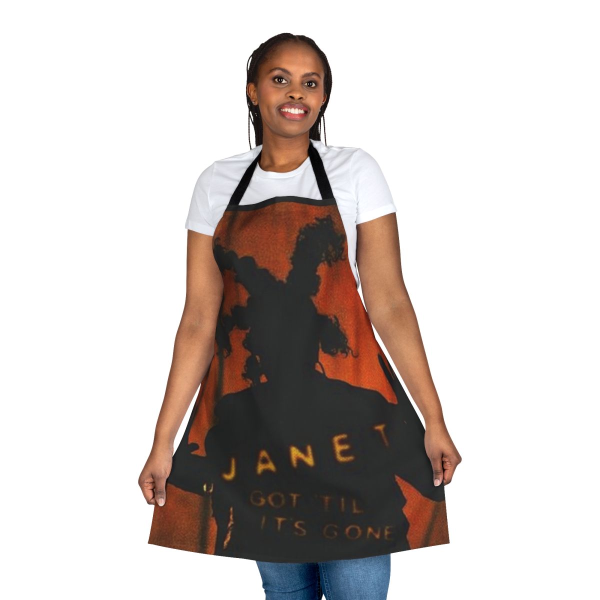 Stylish black apron with Janet Jackson-inspired silhouette graphic