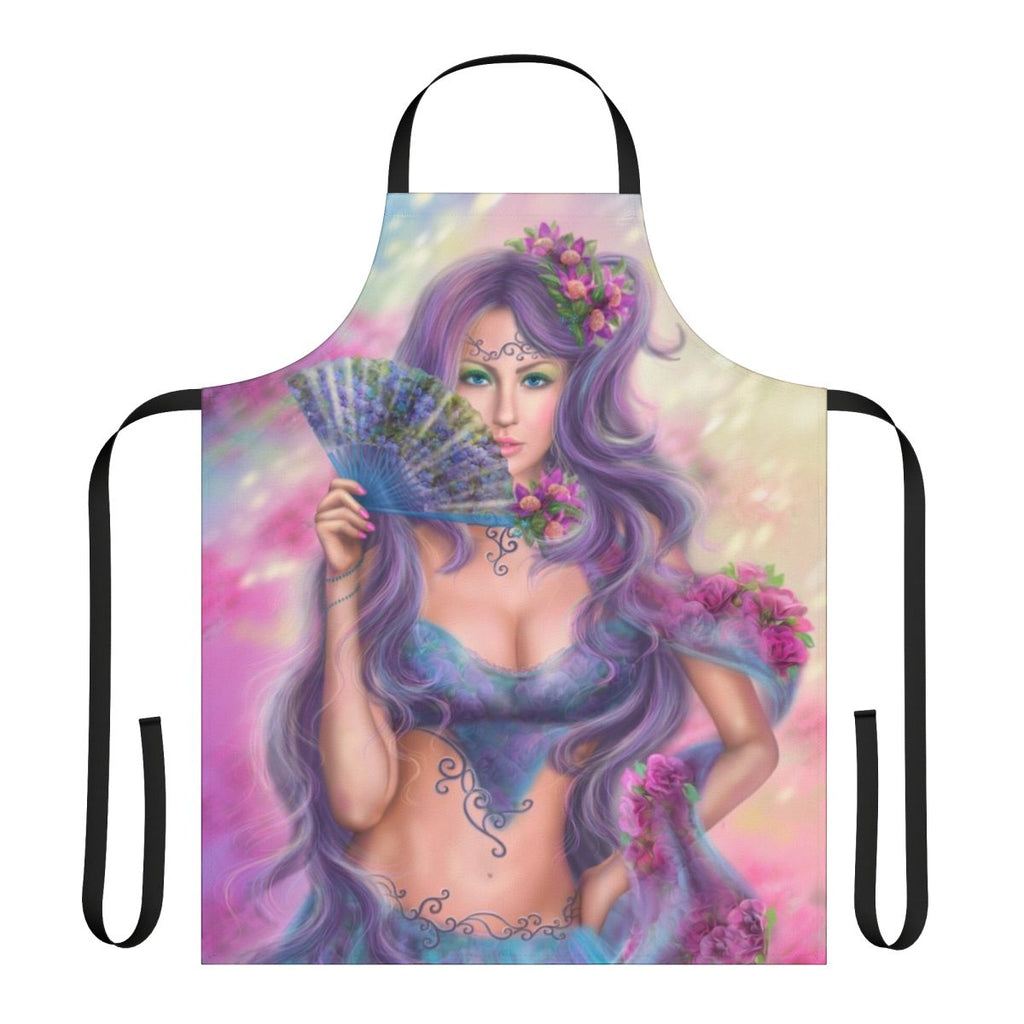 A colorful apron featuring a beautiful Japanese anime-style girl with a fan.