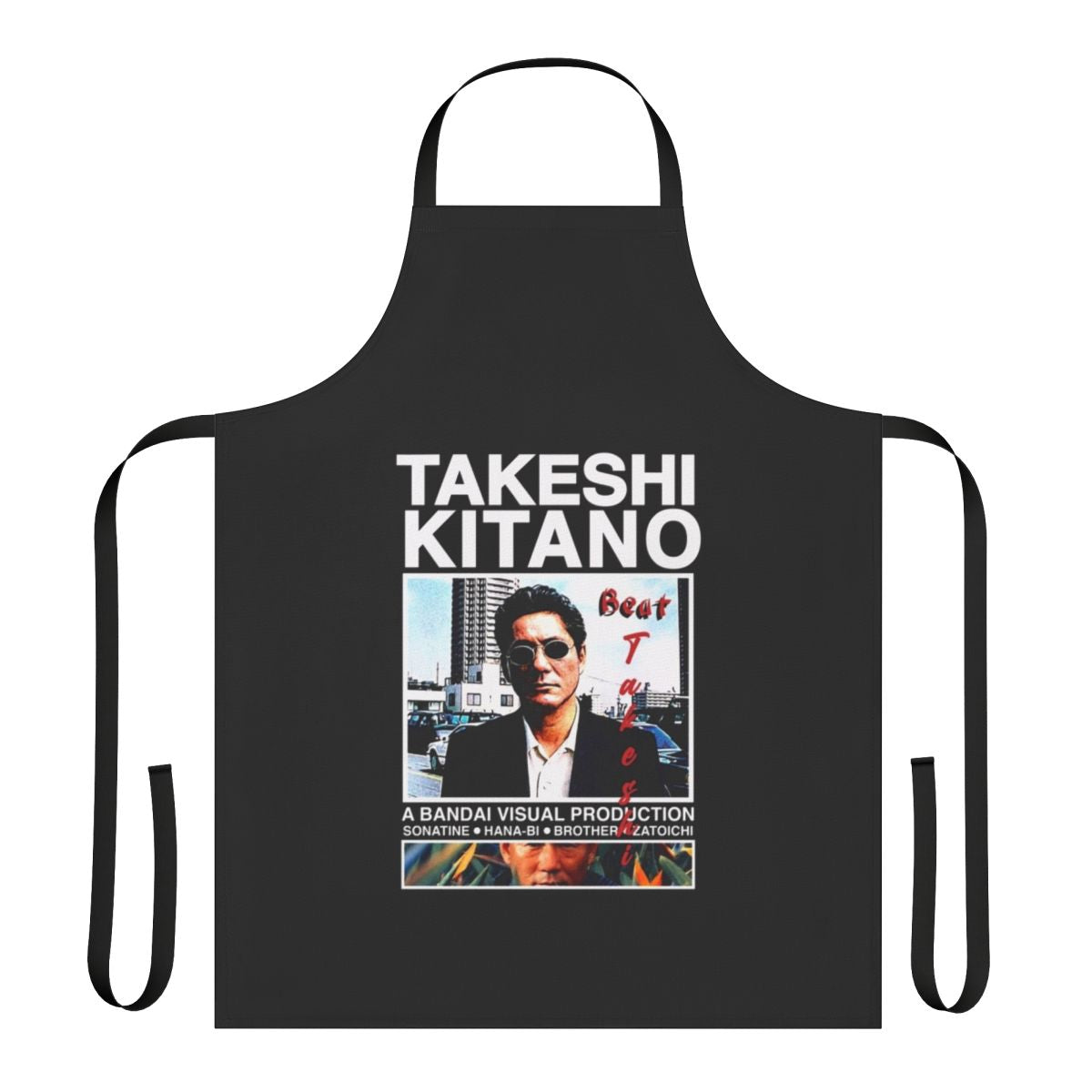 Apron featuring the iconic image of renowned Japanese filmmaker Kitano Takeshi, also known as "Beat" Takeshi.
