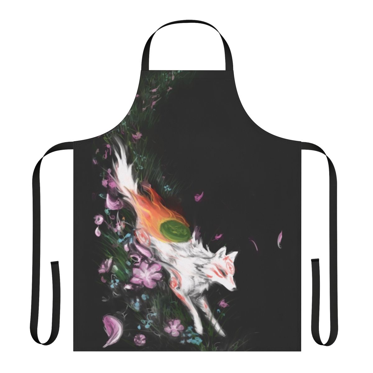 Okami-inspired apron with Japanese motifs and wolf design