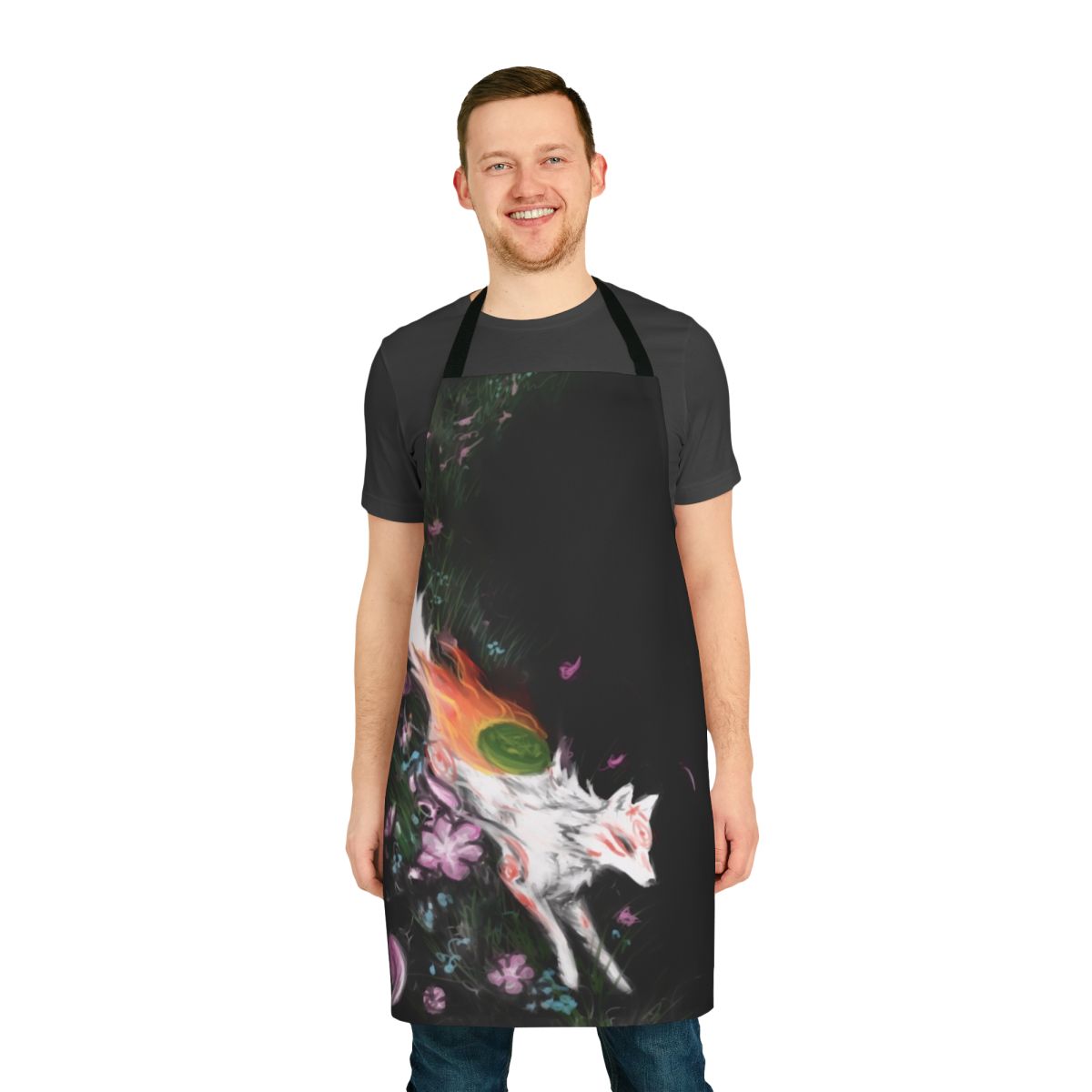 Okami-inspired apron with Japanese motifs and wolf design