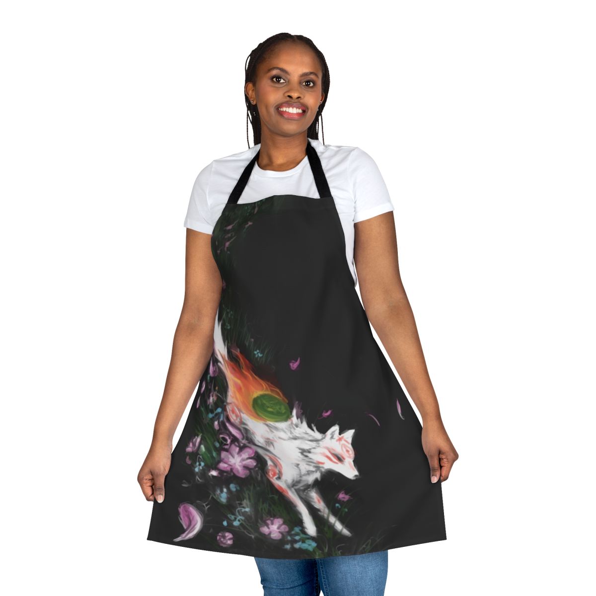 Okami-inspired apron with Japanese motifs and wolf design