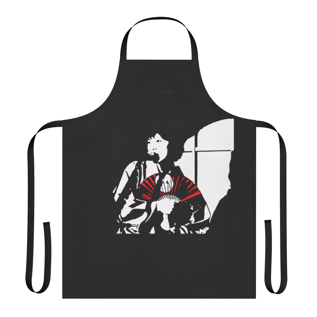 A colorful and unique apron featuring Japanese cultural elements like origami, shrines, and manga.
