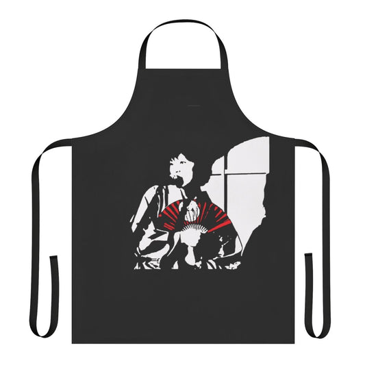 A colorful and unique apron featuring Japanese cultural elements like origami, shrines, and manga.
