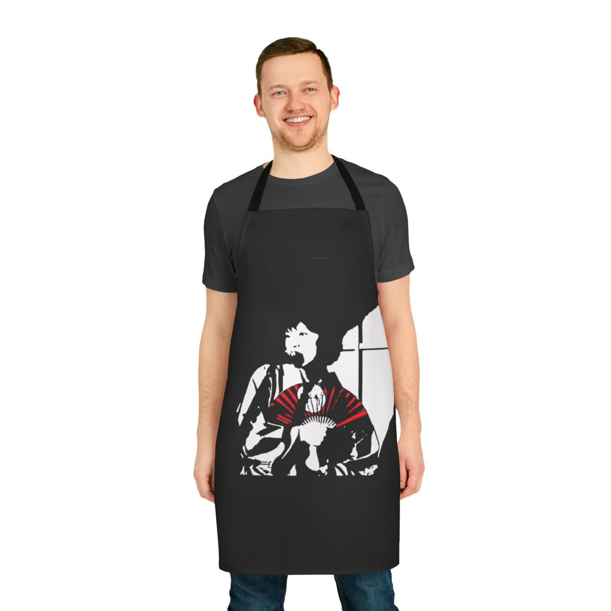 A colorful and unique apron featuring Japanese cultural elements like origami, shrines, and manga.
