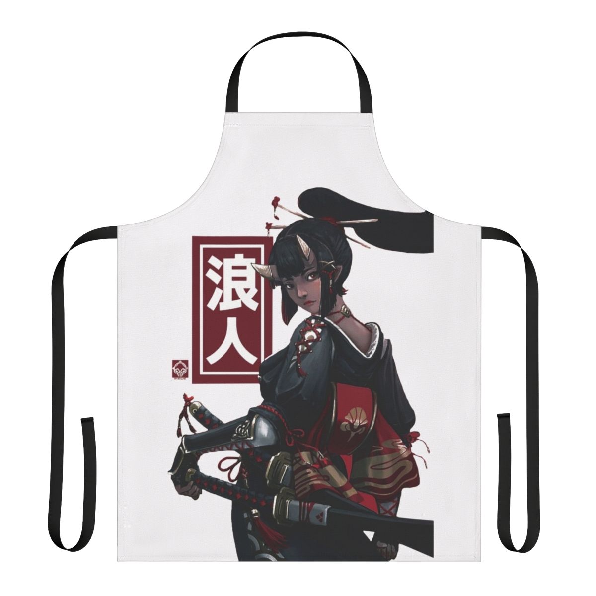 Japanese-inspired apron featuring ninja, samurai, and geisha motifs
