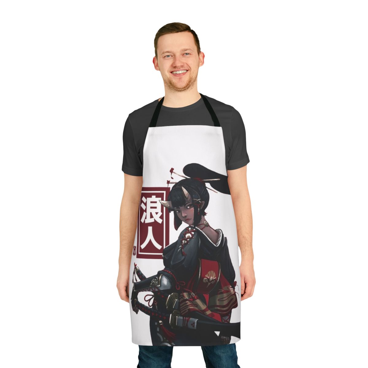 Japanese-inspired apron featuring ninja, samurai, and geisha motifs