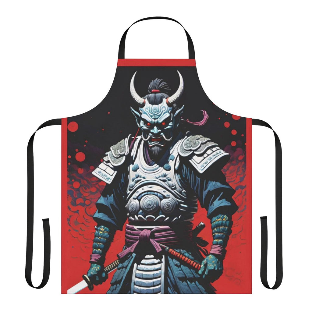 Artistic apron featuring a fierce Japanese demon design, perfect for the kitchen or workshop.