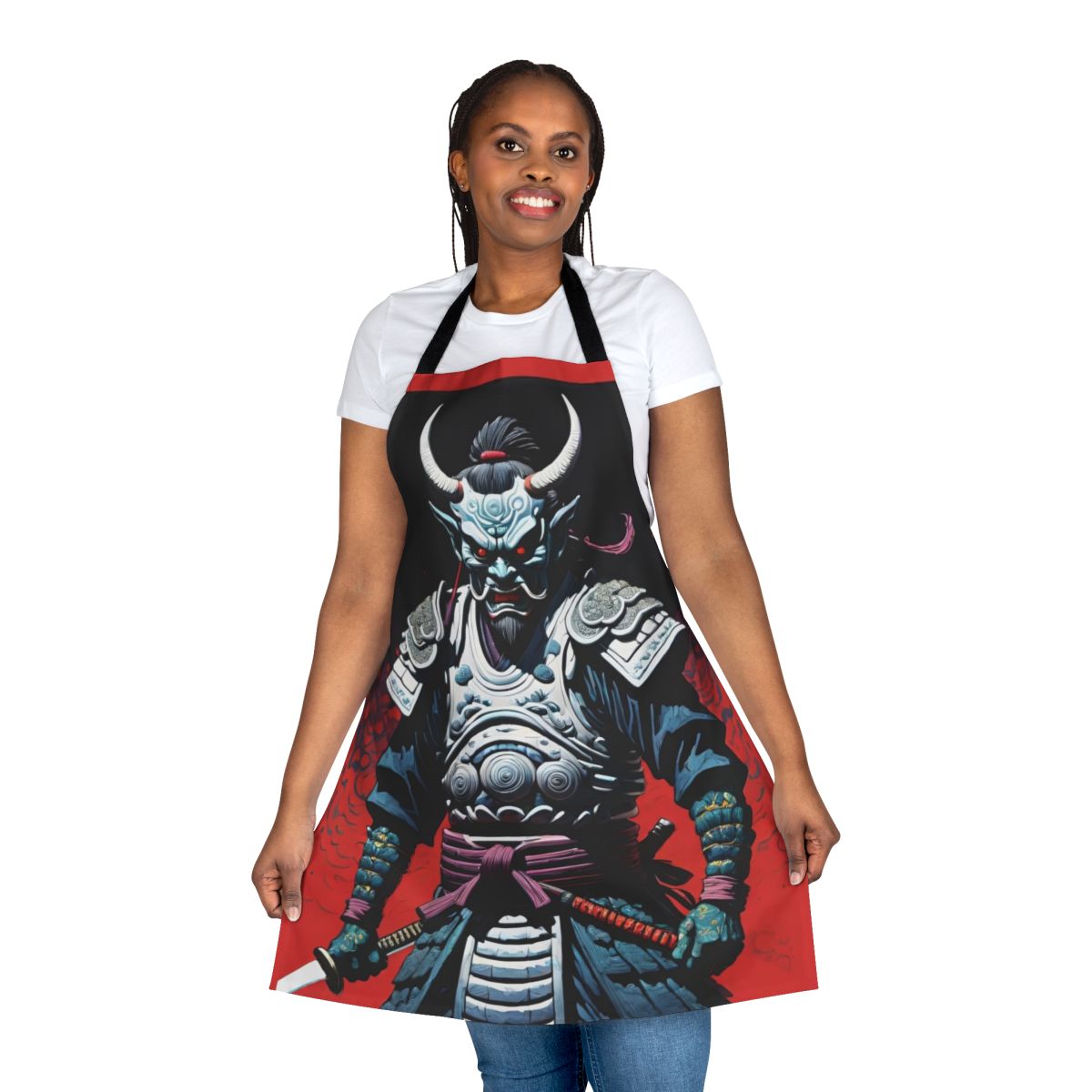 Artistic apron featuring a fierce Japanese demon design, perfect for the kitchen or workshop.
