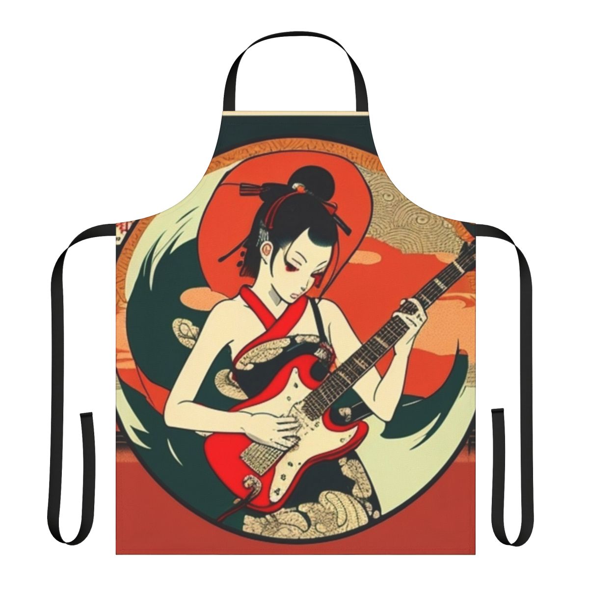 Vibrant illustration of a Japanese girl playing guitar on a high-quality apron