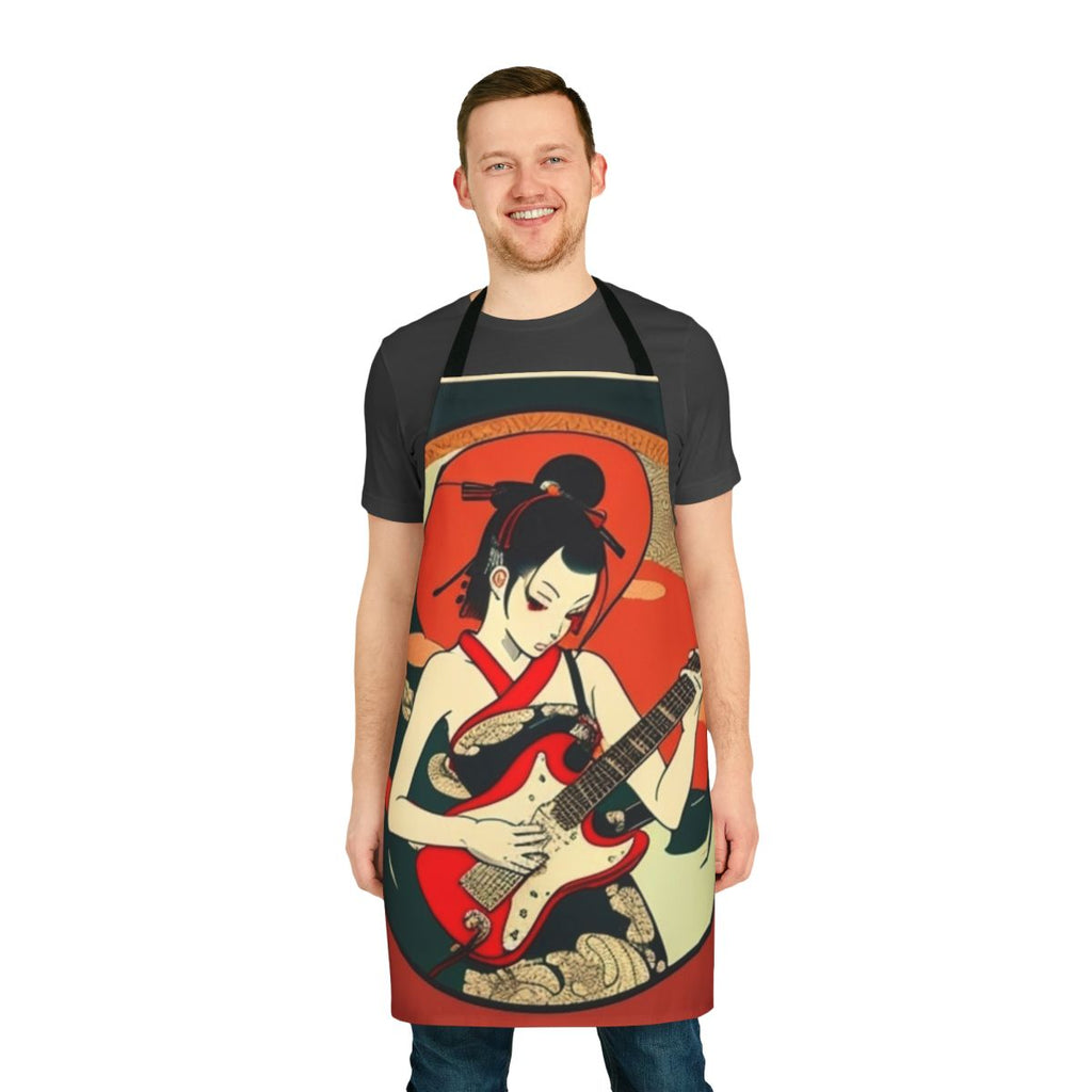 Vibrant illustration of a Japanese girl playing guitar on a high-quality apron