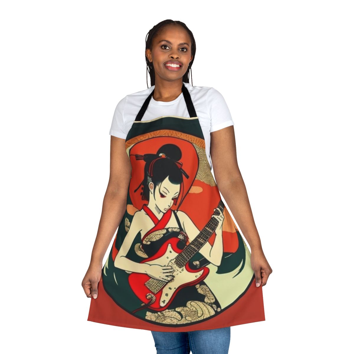 Vibrant illustration of a Japanese girl playing guitar on a high-quality apron