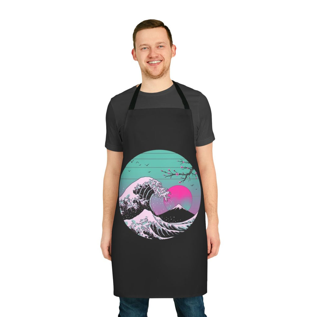 A vibrant, retro-inspired apron featuring the iconic "Great Wave off Kanagawa" design.