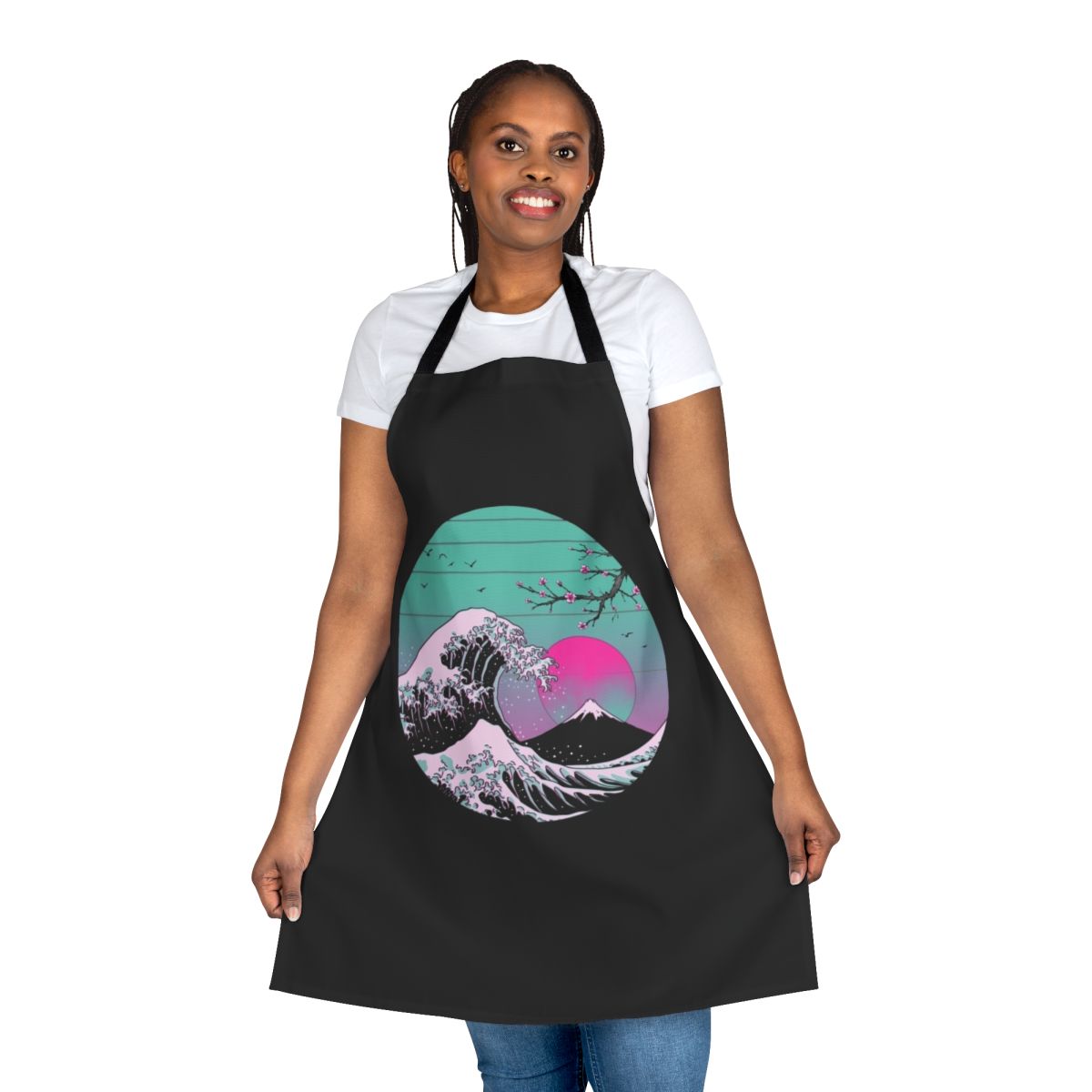 A vibrant, retro-inspired apron featuring the iconic "Great Wave off Kanagawa" design.