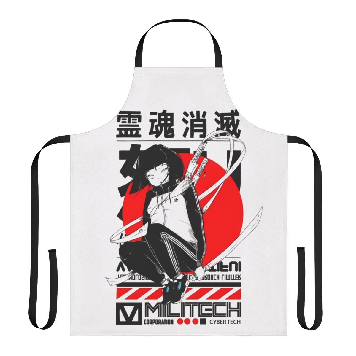 Sleek and modern apron with a retro futuristic cyberpunk design inspired by Japanese urban style