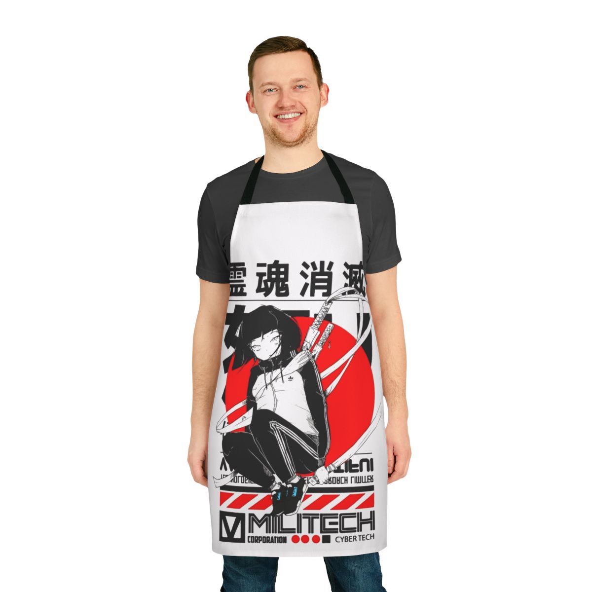 Sleek and modern apron with a retro futuristic cyberpunk design inspired by Japanese urban style