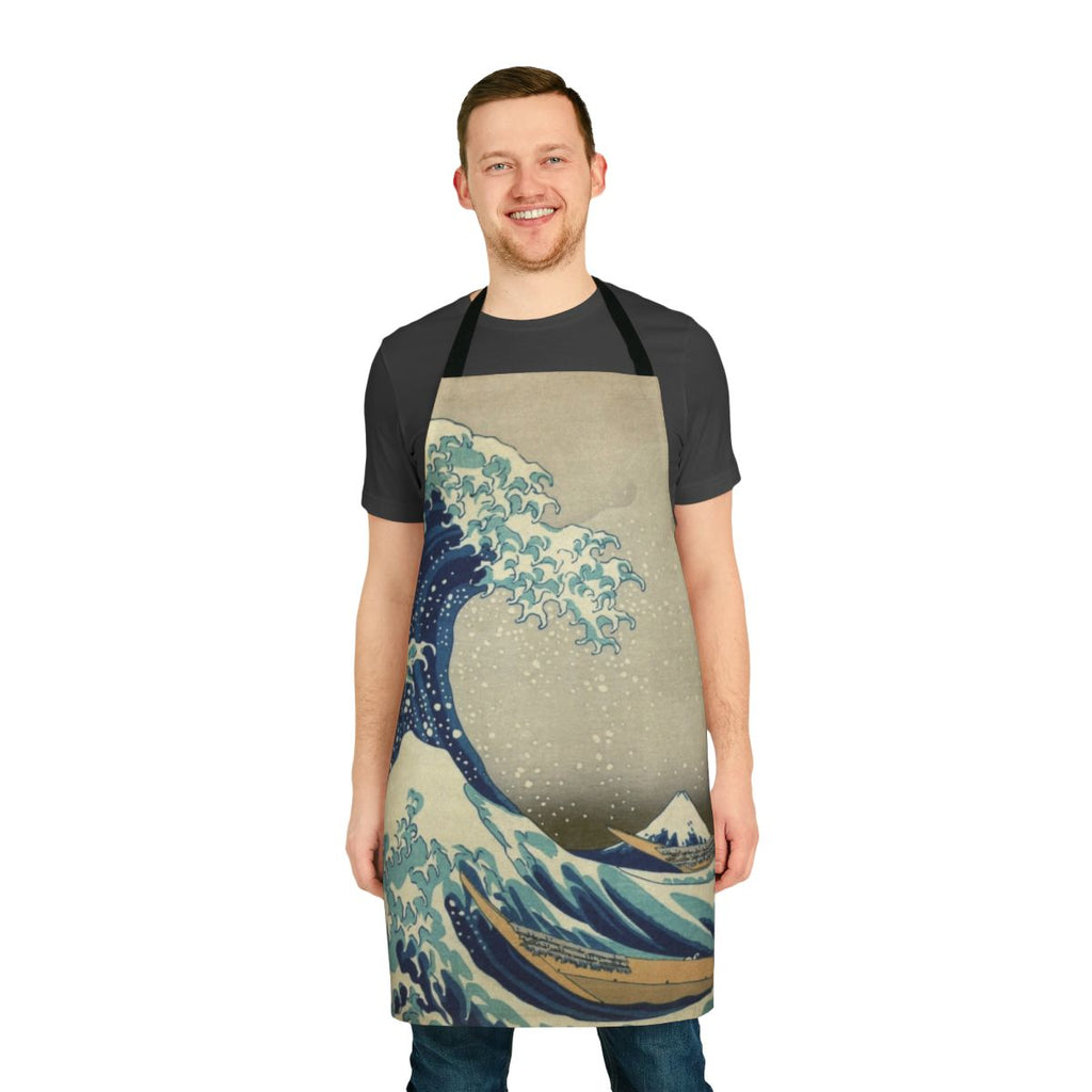 Artistic rendering of the famous "Great Wave off Kanagawa" design on a high-quality apron