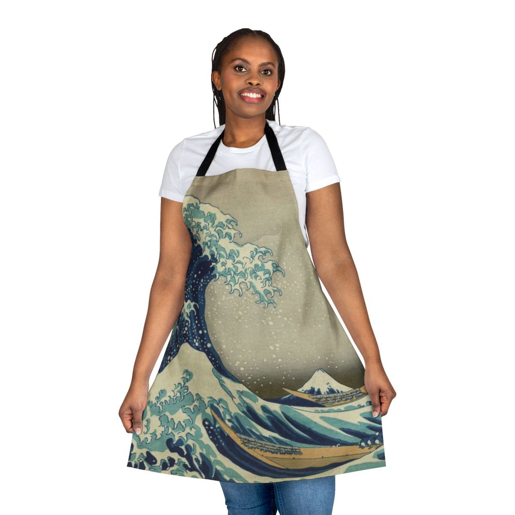 Artistic rendering of the famous "Great Wave off Kanagawa" design on a high-quality apron