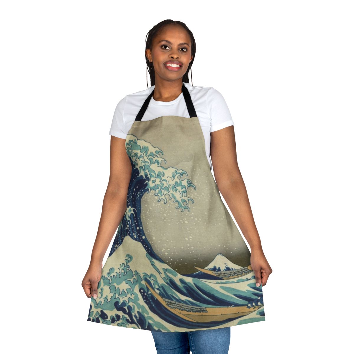 Artistic rendering of the famous "Great Wave off Kanagawa" design on a high-quality apron