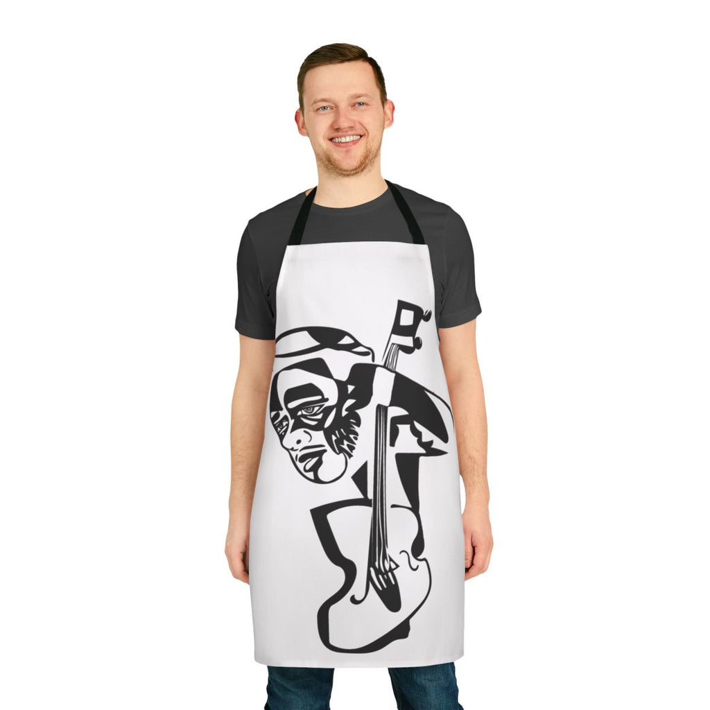 A black and white portrait of legendary jazz musician Charles Mingus printed on a high-quality apron.