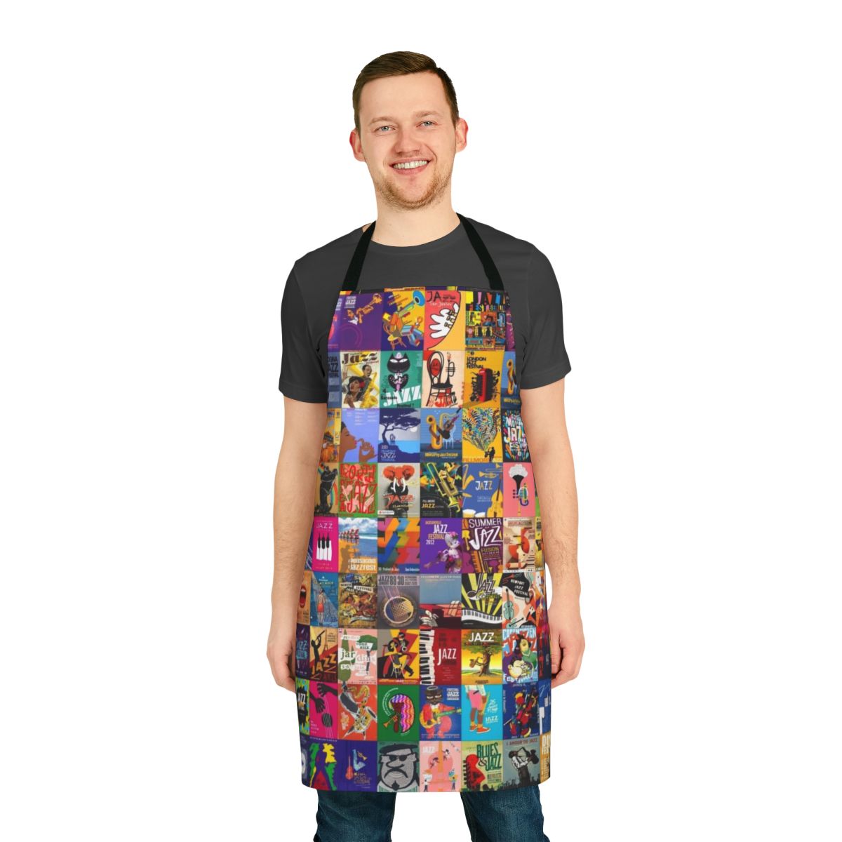 A vibrant, jazz-themed apron perfect for the kitchen or music events