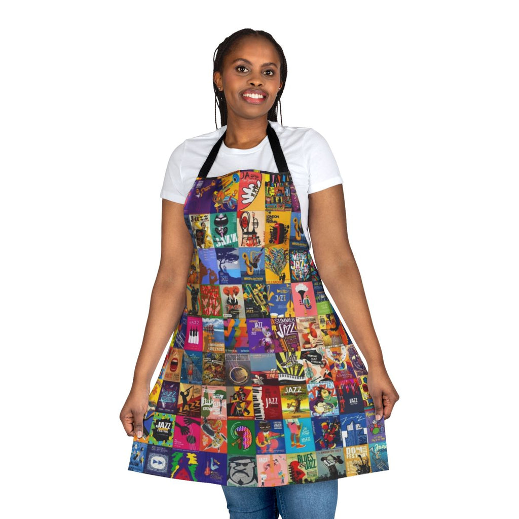A vibrant, jazz-themed apron perfect for the kitchen or music events