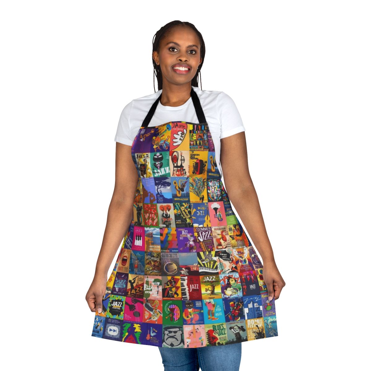 A vibrant, jazz-themed apron perfect for the kitchen or music events