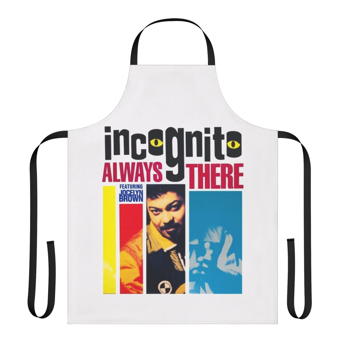 A stylish and retro-inspired apron with a jazz, funk, and soul music theme.