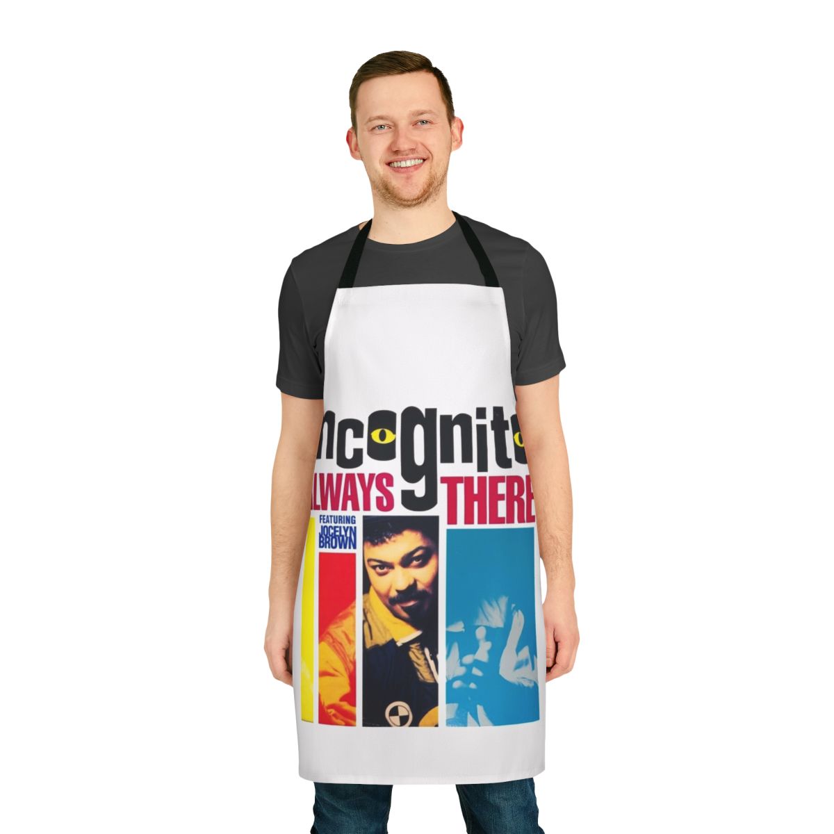 A stylish and retro-inspired apron with a jazz, funk, and soul music theme.