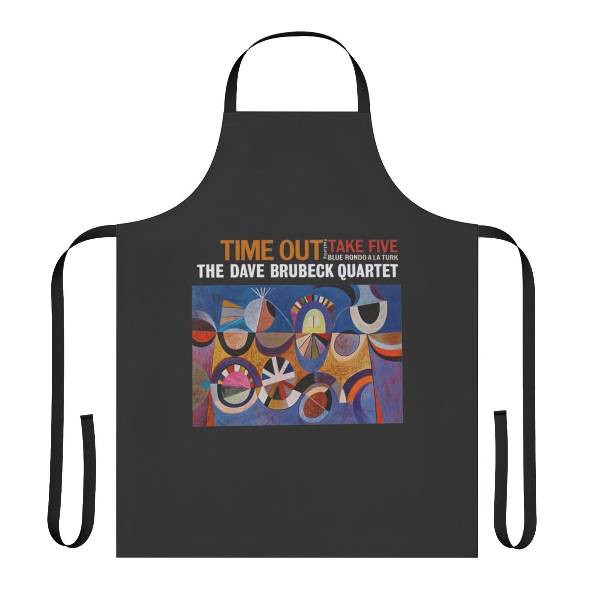 A stylish apron featuring the iconic album cover art of "Time Out" by the legendary jazz group The Dave Brubeck Quartet.