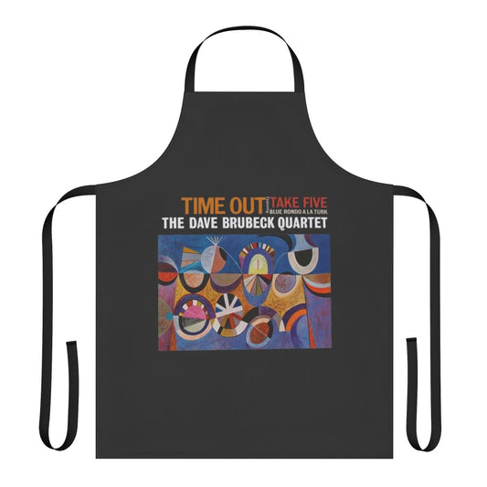 A stylish apron featuring the iconic album cover art of "Time Out" by the legendary jazz group The Dave Brubeck Quartet.