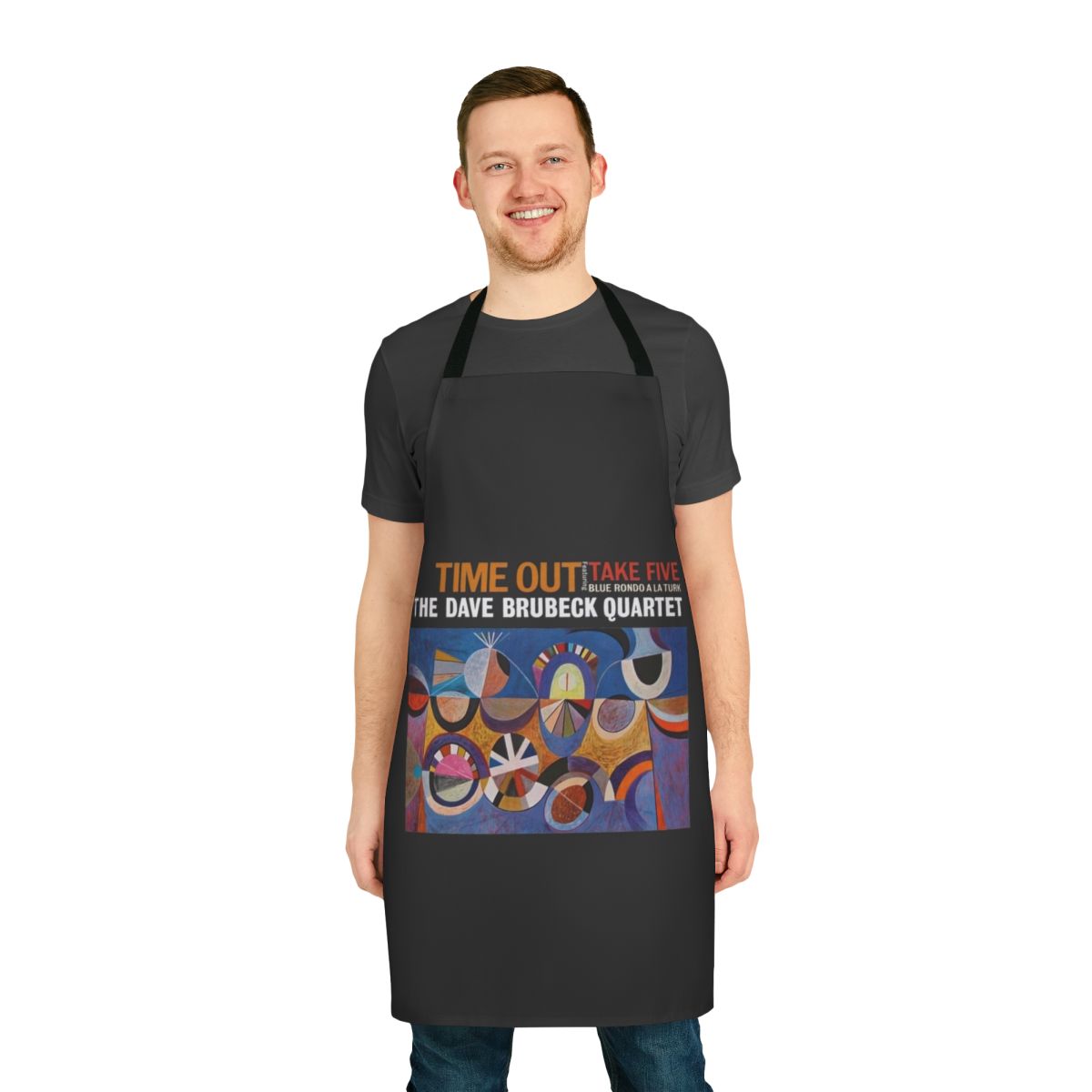 A stylish apron featuring the iconic album cover art of "Time Out" by the legendary jazz group The Dave Brubeck Quartet.