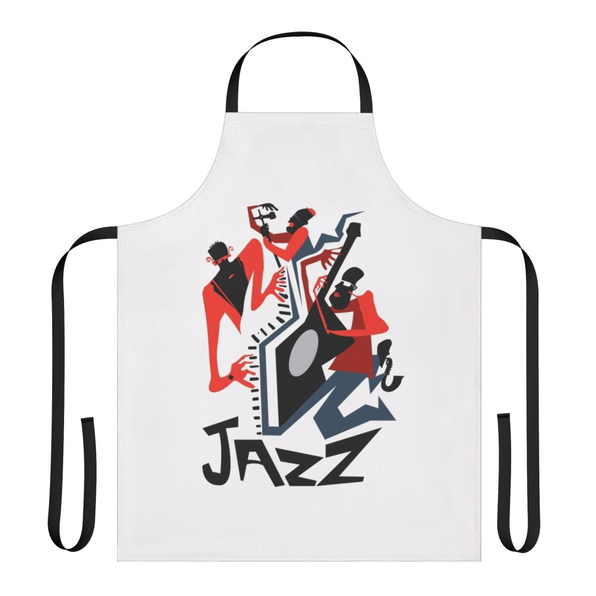 Apron featuring a jazz quartet with saxophone, trumpet, drums, and other jazz instruments
