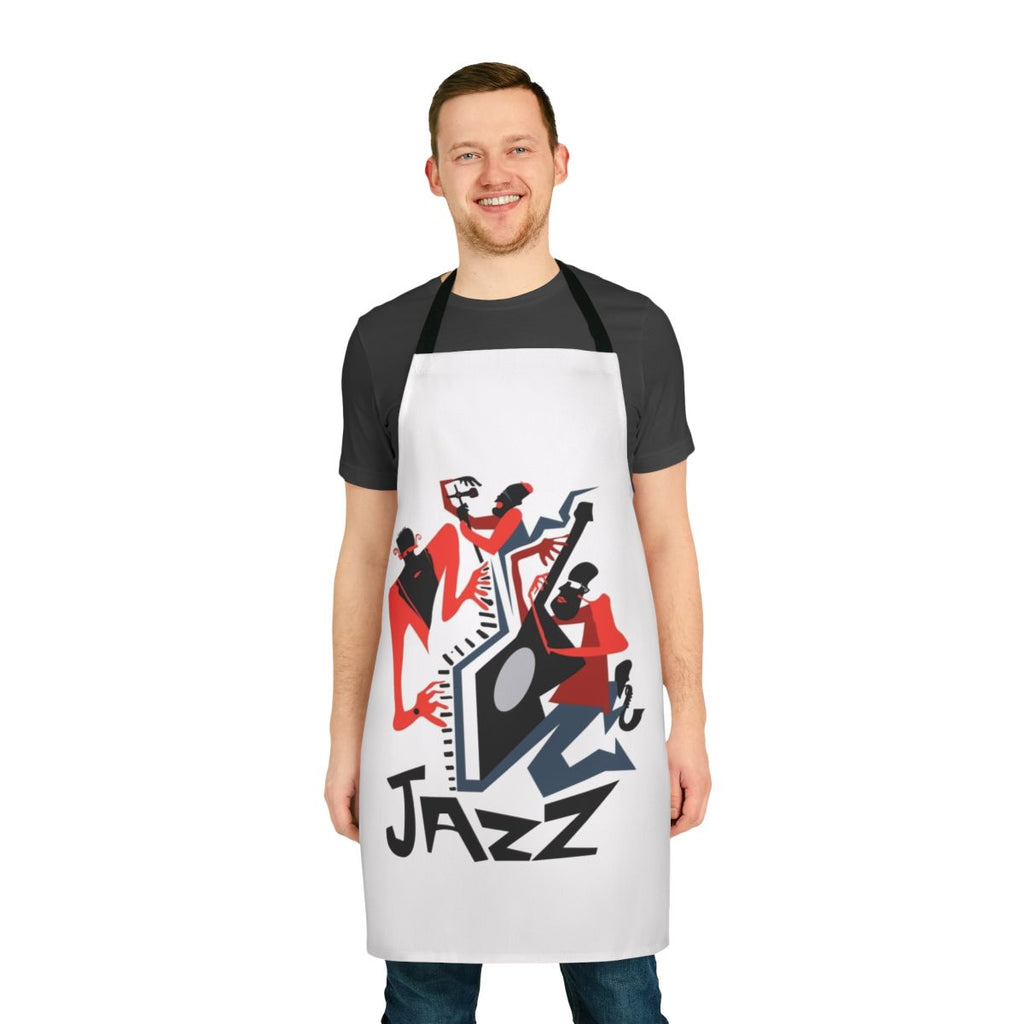 Apron featuring a jazz quartet with saxophone, trumpet, drums, and other jazz instruments