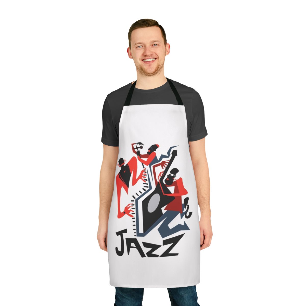 Apron featuring a jazz quartet with saxophone, trumpet, drums, and other jazz instruments