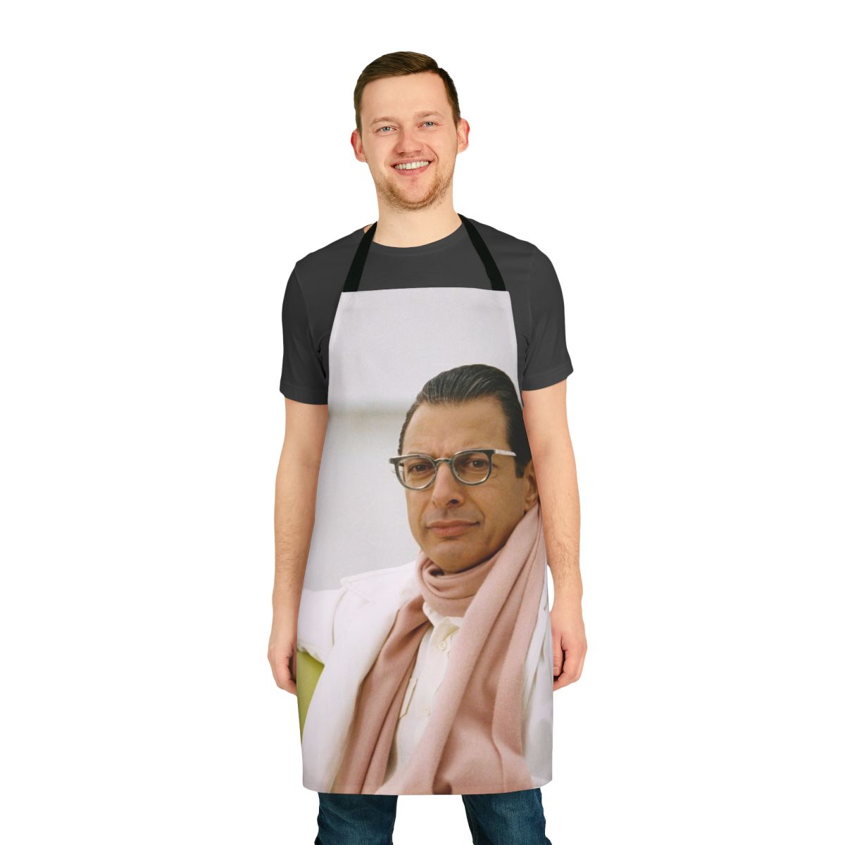 Illustration of Jeff Goldblum's face on a high-quality cooking apron