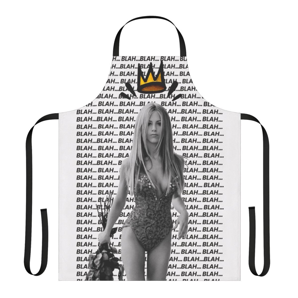 Black and white pop art portrait of actress Jennifer Aniston on a modern kitchen apron