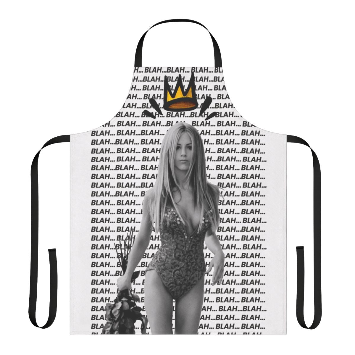 Black and white pop art portrait of actress Jennifer Aniston on a modern kitchen apron