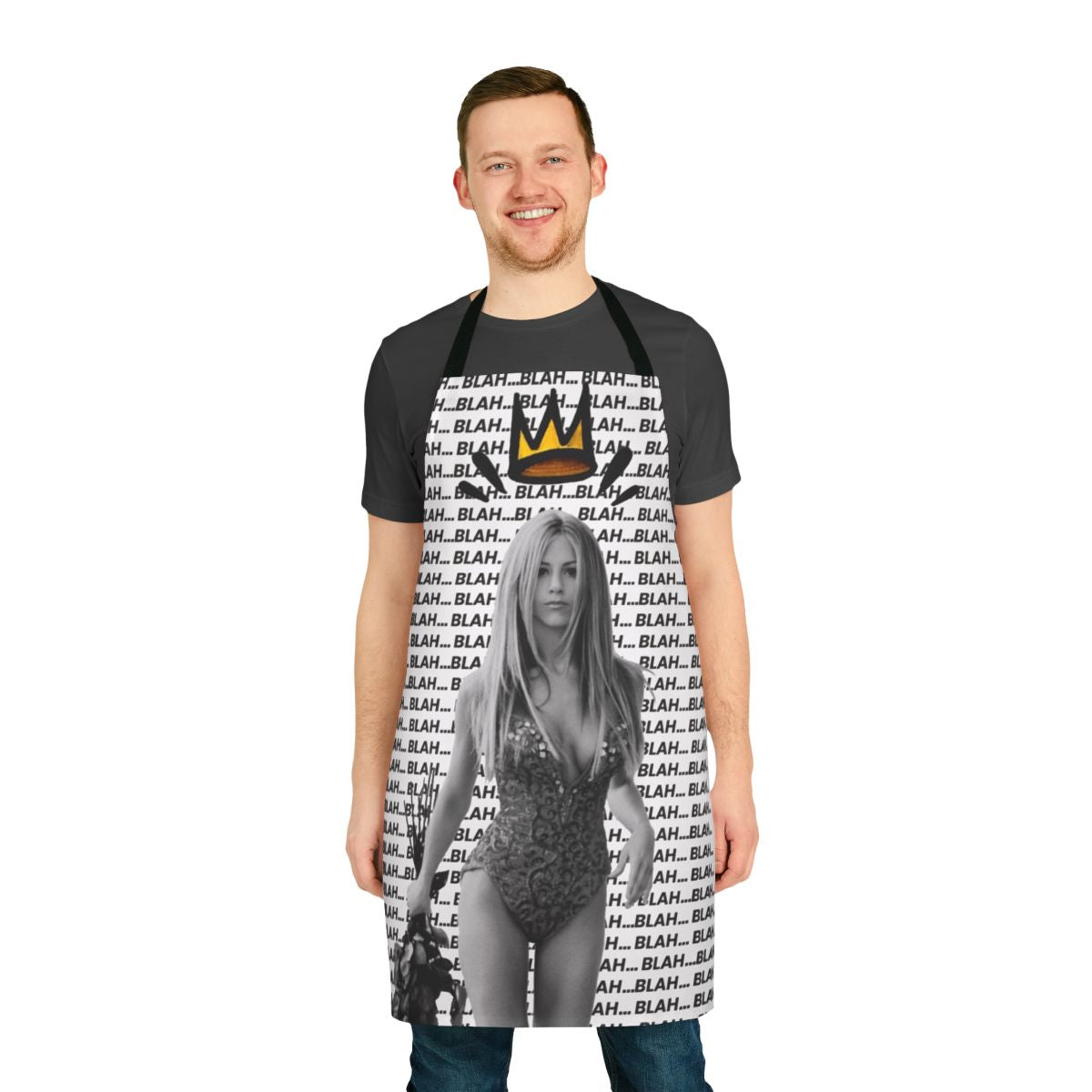 Black and white pop art portrait of actress Jennifer Aniston on a modern kitchen apron