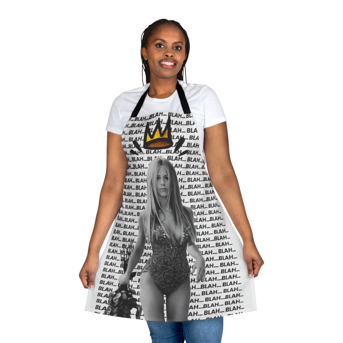 Black and white pop art portrait of actress Jennifer Aniston on a modern kitchen apron